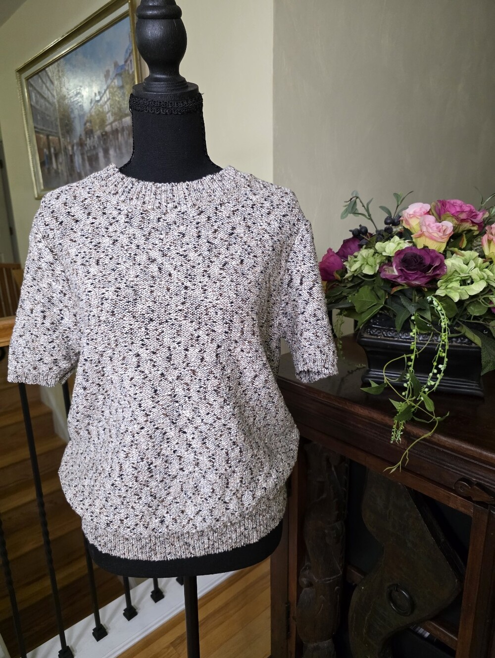 LOFT Marled‎ Short-Sleeve Crewneck Sweater in Cream and Black Size Medium